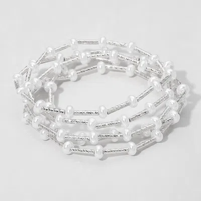 Fashnzfab 5pcs - Flat Pearl Textured Metal Bar Beaded Stretch Multi Layered Bracelets In Metallic