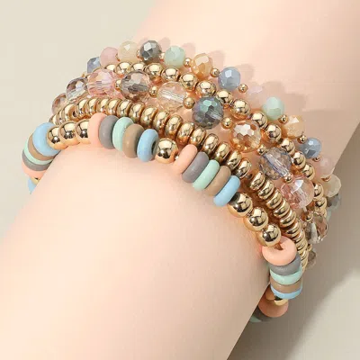 Fashnzfab 5pcs - Flat Wood Metal Ball Faceted Beaded Stretch Multi Layered Bracelets