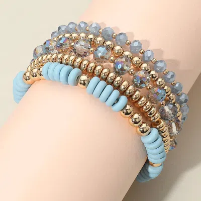 Fashnzfab 5pcs - Flat Wood Metal Ball Faceted Beaded Stretch Multi Layered Bracelets In Blue