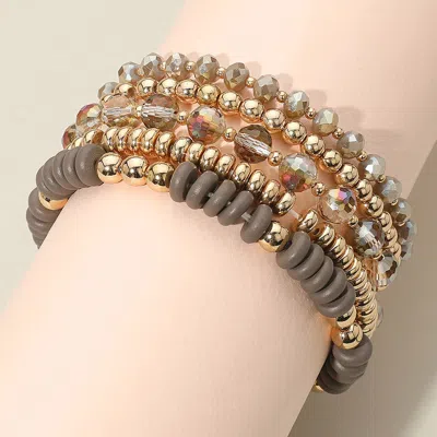 Fashnzfab 5pcs - Flat Wood Metal Ball Faceted Beaded Stretch Multi Layered Bracelets In Brown