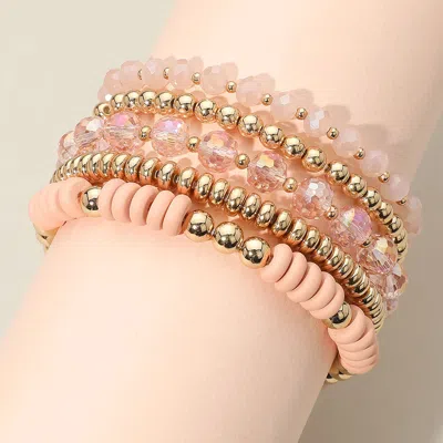 Fashnzfab 5pcs - Flat Wood Metal Ball Faceted Beaded Stretch Multi Layered Bracelets Dust Pink