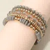 Fashnzfab 5pcs - Flat Wood Metal Ball Faceted Beaded Stretch Multi Layered Bracelets In Gray