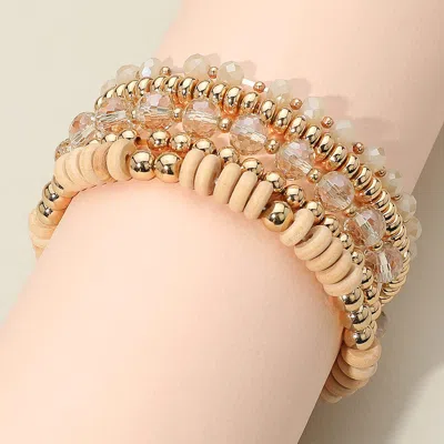 Fashnzfab 5pcs - Flat Wood Metal Ball Faceted Beaded Stretch Multi Layered Bracelets In Sand