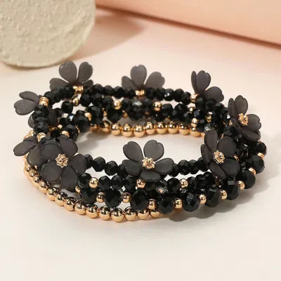 Fashnzfab 5pcs - Floral Faceted Beaded Stretch Multi Layered Bracelets In Black
