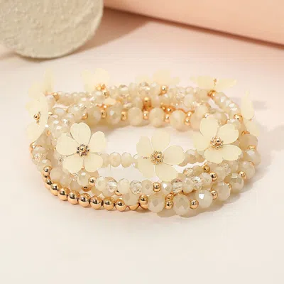 Fashnzfab 5pcs - Floral Faceted Beaded Stretch Multi Layered Bracelets In Gold