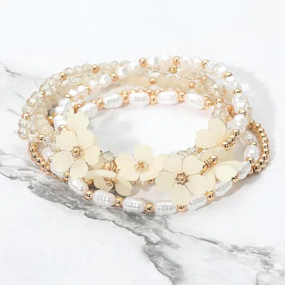 Fashnzfab 5pcs - Floral Pearl Faceted Beaded Stretch Multi Layered Bracelets In Neutral