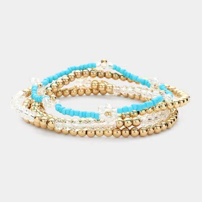 Fashnzfab 5pcs - Flower Beaded Metal Paperclip Link Multi Layered Bracelets