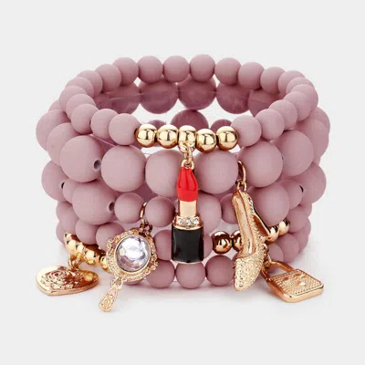 Fashnzfab 5pcs - Flower Heart Hand Mirror Lipstick Stiletto Hill Tote Bag Charm Beaded Stretch Bracelets Gold, In Multi