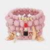 Fashnzfab 5pcs - Flower Heart Hand Mirror Lipstick Stiletto Hill Tote Bag Charm Beaded Stretch Bracelets Gold, In Multi
