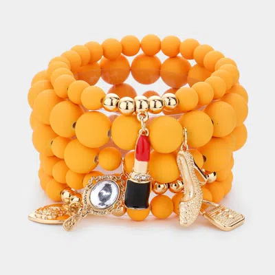 Fashnzfab 5pcs - Flower Heart Hand Mirror Lipstick Stiletto Hill Tote Bag Charm Beaded Stretch Bracelets In Yellow