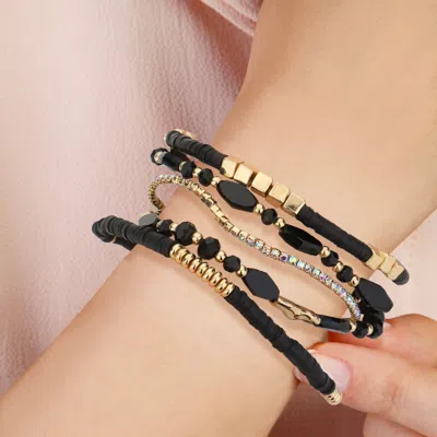 Fashnzfab 5pcs - Glass Beads Heishi Beads Rhinestone Multi Layered Stretch Bracelets In Black