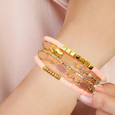 Fashnzfab 5pcs - Glass Beads Heishi Beads Rhinestone Multi Layered Stretch Bracelets In Pink