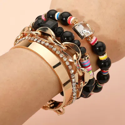 Fashnzfab 5pcs - Glass Stone Accented Metal Chain Link Beaded Bracelets And Metal Cuff In Black