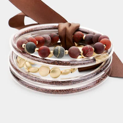 Fashnzfab 5pcs - Glitter Jelly Tube Semi Precious Ball Layered Bracelet In Gold