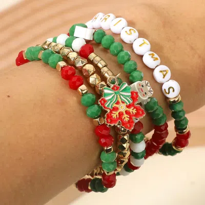 Fashnzfab 5pcs - Holiday Snowflake Bow Santa Reindeer Christmas Message Beaded Stretch Multi Layered Bracelets