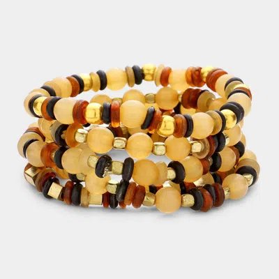 Fashnzfab 5pcs - Horn Beaded Stretch Bracelets In Brown