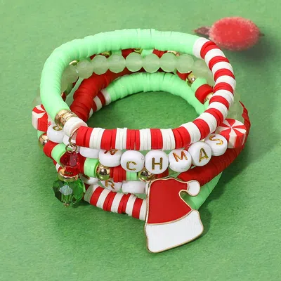 Fashnzfab 5pcs - Merry Christmas Santa Hat Heishi Faceted Beaded Stretch Multi Layered Bracelets In Green