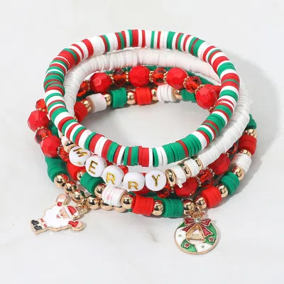 Fashnzfab 5pcs - Merry Message Santa Mitten Wreath Charm Heishi Faceted Beaded Stretch Multi Layered Bracelets In Red