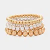 Fashnzfab 5pcs - Metal Ball Beaded Stretch Bracelets Worn Gold, Worn Silver In Gold
