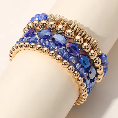 Fashnzfab 5pcs - Metal Ball Faceted Beaded Stretch Multi Layered Bracelets - Blue