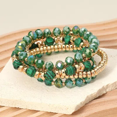Fashnzfab 5pcs - Metal Ball Faceted Beaded Stretch Multi Layered Bracelets In Green