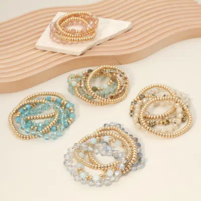 Fashnzfab 5pcs - Metal Ball Faceted Beaded Stretch Multi Layered Bracelets Multi