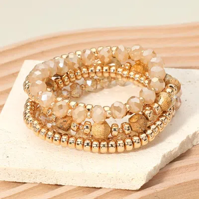 Fashnzfab 5pcs - Metal Ball Faceted Beaded Stretch Multi Layered Bracelets In White