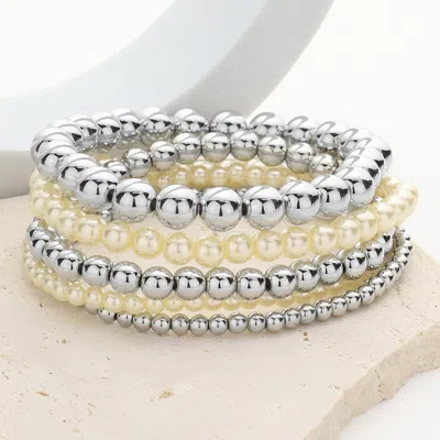 Fashnzfab 5pcs - Metal Ball Pearl Beaded Stretch Multi Layered Bracelets