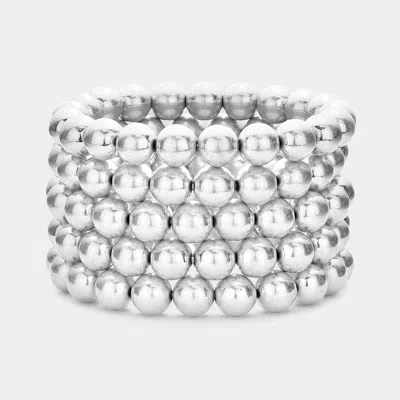 Fashnzfab 5pcs - Metal Ball Stretch Multi Layered Bracelets Worn Silver
