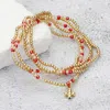 Fashnzfab 5pcs - Metal Bubble Flower Charm Accented Beaded Stretch Multi Layered Bracelets In Red