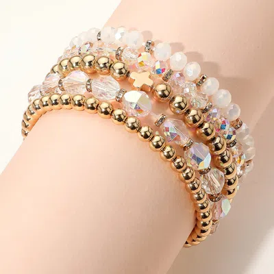 Fashnzfab 5pcs - Metal Cross Accent Faceted Beaded Stretch Multi Layered Bracelets