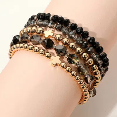 Fashnzfab 5pcs - Metal Cross Accent Faceted Beaded Stretch Multi Layered Bracelets In Black