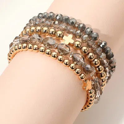 Fashnzfab 5pcs - Metal Cross Accent Faceted Beaded Stretch Multi Layered Bracelets In Gray