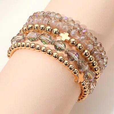 Fashnzfab 5pcs - Metal Cross Accent Faceted Beaded Stretch Multi Layered Bracelets In Purple