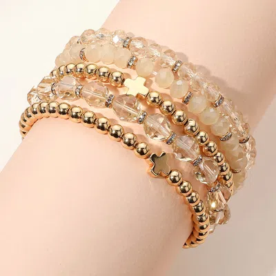 Fashnzfab 5pcs - Metal Cross Accent Faceted Beaded Stretch Multi Layered Bracelets In Sand