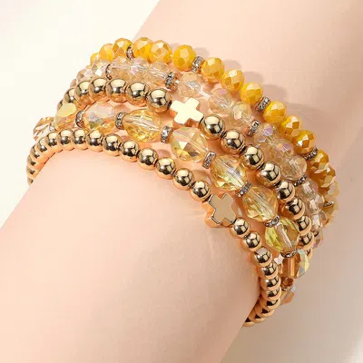 Fashnzfab 5pcs - Metal Cross Accent Faceted Beaded Stretch Multi Layered Bracelets In Yellow