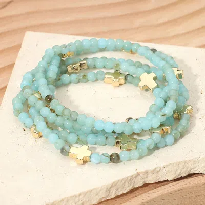 Fashnzfab 5pcs - Metal Cross Faceted Beaded Stretch Multi Layered Bracelets In Blue