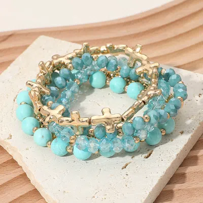 Fashnzfab 5pcs - Metal Cross Natural Stone Faceted Beaded Stretch Multi Layered Bracelets In Blue
