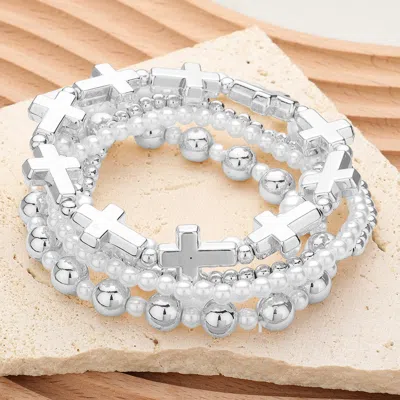 Fashnzfab 5pcs - Metal Cross Pearl Beaded Stretch Multi Layered Bracelets - Rhodium, White