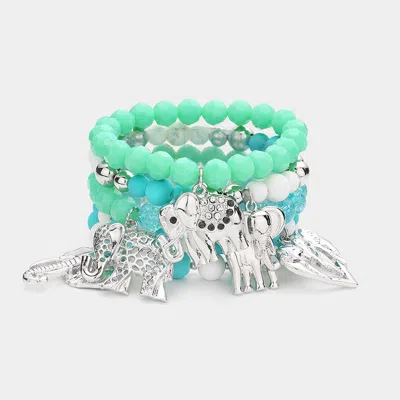 Fashnzfab 5pcs - Metal Elephant Charm Faceted Beaded Stretch Bracelets In Blue