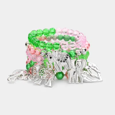 Fashnzfab 5pcs - Metal Elephant Charm Faceted Beaded Stretch Bracelets In Multi