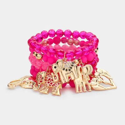 Fashnzfab 5pcs - Metal Elephant Charm Faceted Beaded Stretch Bracelets In Pink