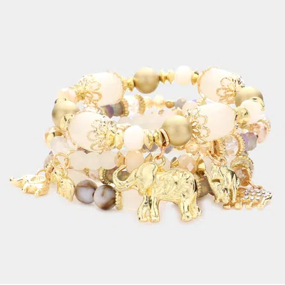 Fashnzfab 5pcs - Metal Elephant Charm Multi Beaded Stretch Bracelets In White