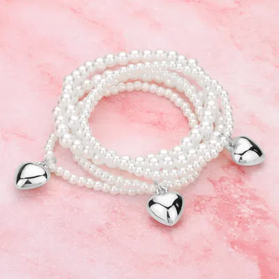 Fashnzfab 5pcs - Metal Heart Charm Pearl Beaded Stretch Multi Layered Bracelets