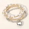 Fashnzfab 5pcs - Metal Heart Charm Pointed Ball Pearl Beaded Stretch Multi Layered Bracelets Cream, Two Tone In Multi