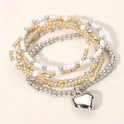Fashnzfab 5pcs - Metal Heart Charm Pointed Ball Pearl Beaded Stretch Multi Layered Bracelets Cream, Two Tone