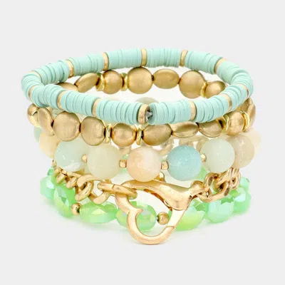 Fashnzfab 5pcs - Metal Heart Heishi Natural Stone Stretch Bracelets In Green