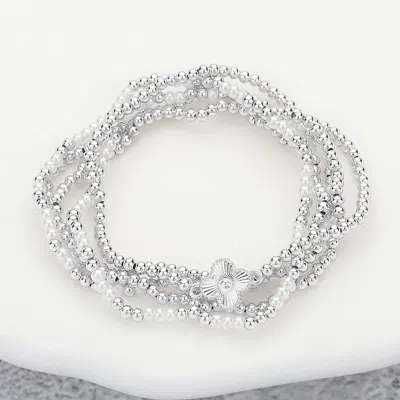 Fashnzfab 5pcs - Metal Quatrefoil Pointed Pearl Beaded Stretch Multi Layered Bracelets