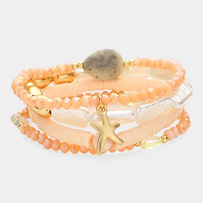 Fashnzfab 5pcs - Metal Starfish Charm Pointed Pearl Faceted Heishi Beaded Stretch Multi Layered Bracelets