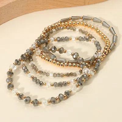 Fashnzfab 5pcs - Mixed Beaded Stretch Multi Layered Bracelets In Gray